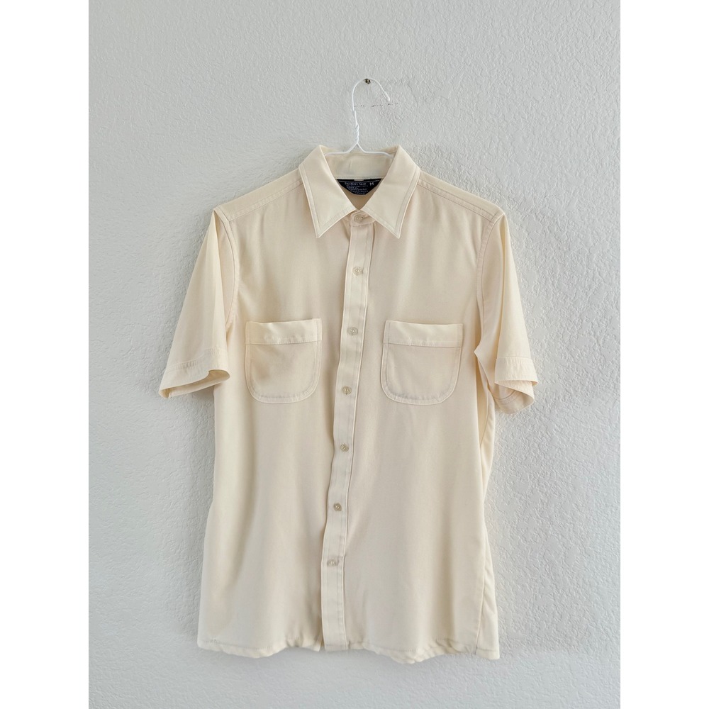 JCPenney‎ Button Down Shirt Mens M Cream Vintage Short Sleeve Safari Pocket 70s